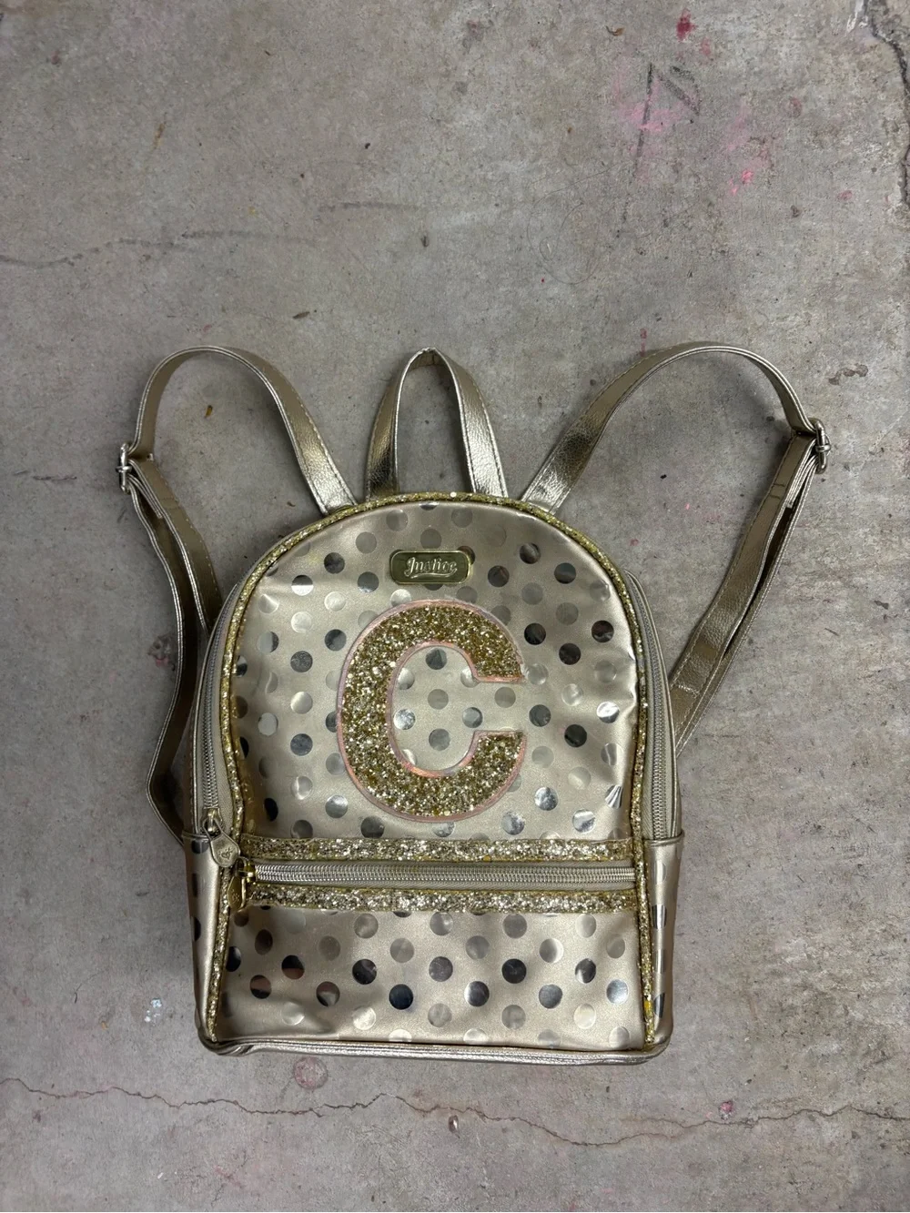 Justice Gold Mini Faux Leather Polka Dot Backpack Glitter Letter C Zip Pockets